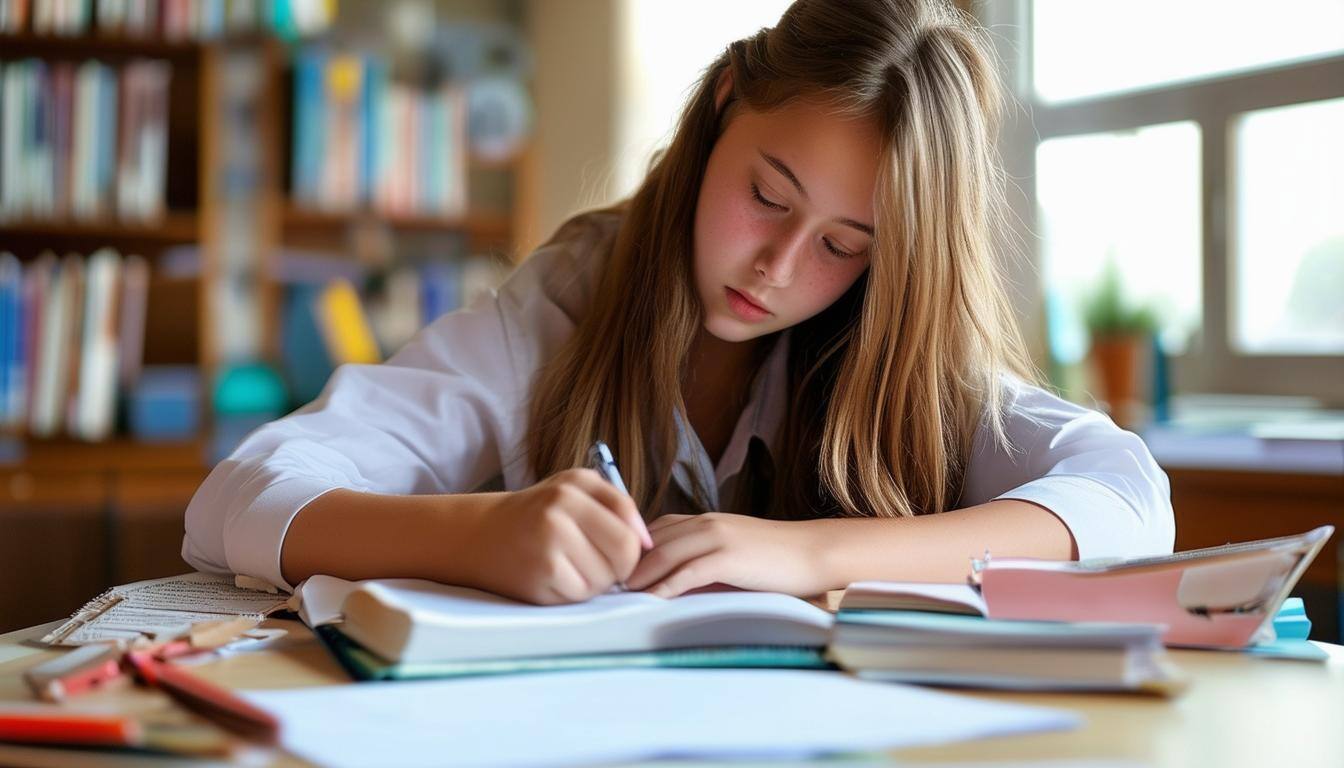 high school girl working on homework