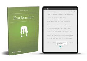 Cover of Frankenstein book and iPad with Immersive Reader
