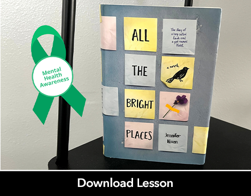 Book: All the Bright Places by Jennifer Niven sitting on a black metal shelf. An illustration of a green ribbon with text over it reads 