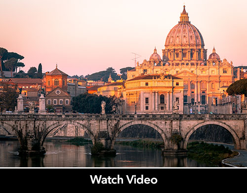 Image: Vatican at sunset. Text: Watch Video