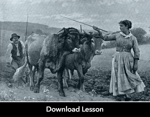 Image: Old picture of Man and women with plow and horses. Text: Download Lesson