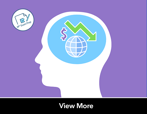 Head showing inside of brain. Inside there are images displaying economics concepts like graphs, a dollar sign, and a globe.