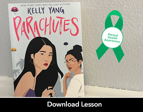 Book cover of Kelly Yang's Parachutes. On the cover are two illustrated figures of Asian women, who are sisters. In the background are multicolored parachutes. To the right of the book is an illustrated green ribbon, with a sticker in front of it reading 