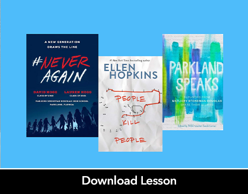 3 book covers against a light blue background. The first is #NeverAgain, the second is People Kill People, and the third is Parkland Speaks.
