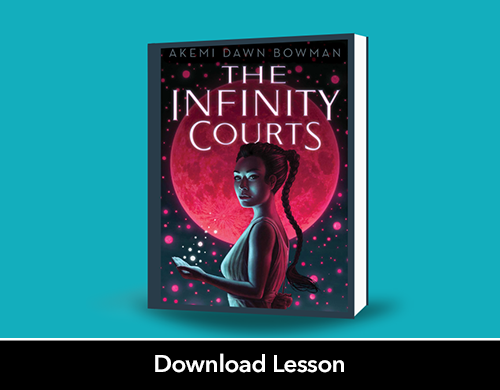 front cover of Akemi Dawn Bowman's The Infinity Courts against a teal background. The image on the book is of a teenage girl in front of a red colored full moon. 