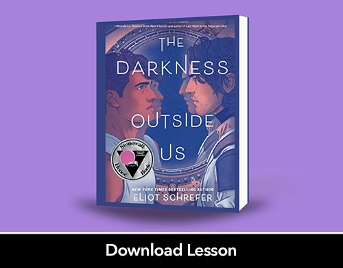 Purple background with book, The Darkness Outside Us pictured. The cover shows two young men standing close together inside a spaceship. 