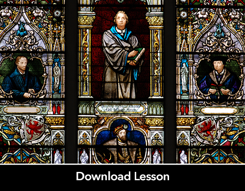 Text: Download Lesson; Image: stained glass window with Martin Luther