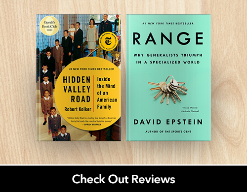 Text: Check out reviews; Image: Book covers for Hidden Valley Road and Range