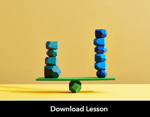 Text: Download Lesson; Image: Two piles of rocks balanced on a scale