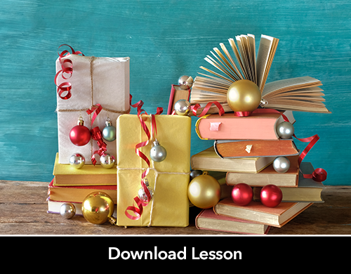 Text: Download Lesson; Image: stack of wrapped books