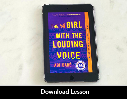 Text: Download Lesson; Image: The Girl with the Louding voice book cover on iPad