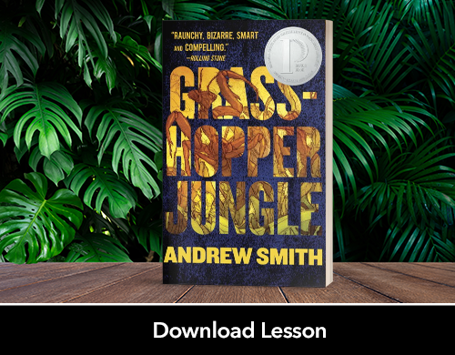 Text: Download Lesson; Image: Grasshopper Jungle book cover by Andrew Smith