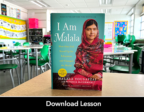 Text: Download Lesson; Image: I Am Malala book in classroom