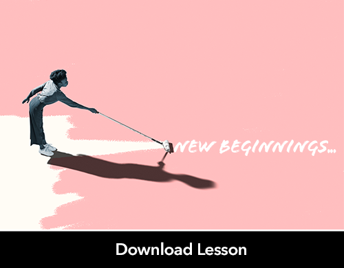Text: Download Lesson; New Beginnings; Image: Girl painting coral color over white