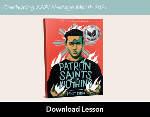 Text: Celebrating AAPI Heritage Month 2021; Download Lesson. Image: Patron Saints of Nothing book cover
