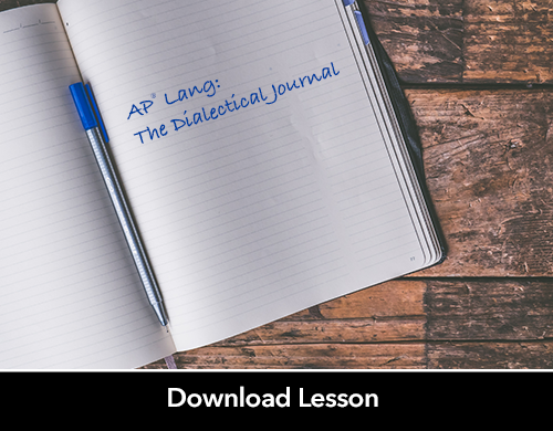 Text: Download Lesson; AP® Lang: The Dialectical Journal; Image: Journal open on table