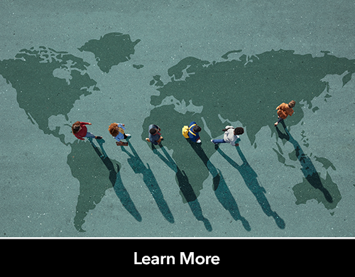 Text: Learn More; Image: Students walking across map of world